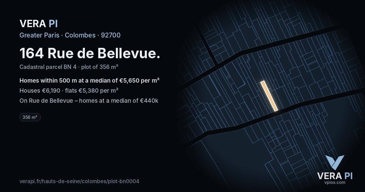 164 Rue de Bellevue, Colombes at night – the plot lit, the parcels around coloured by the prices near them