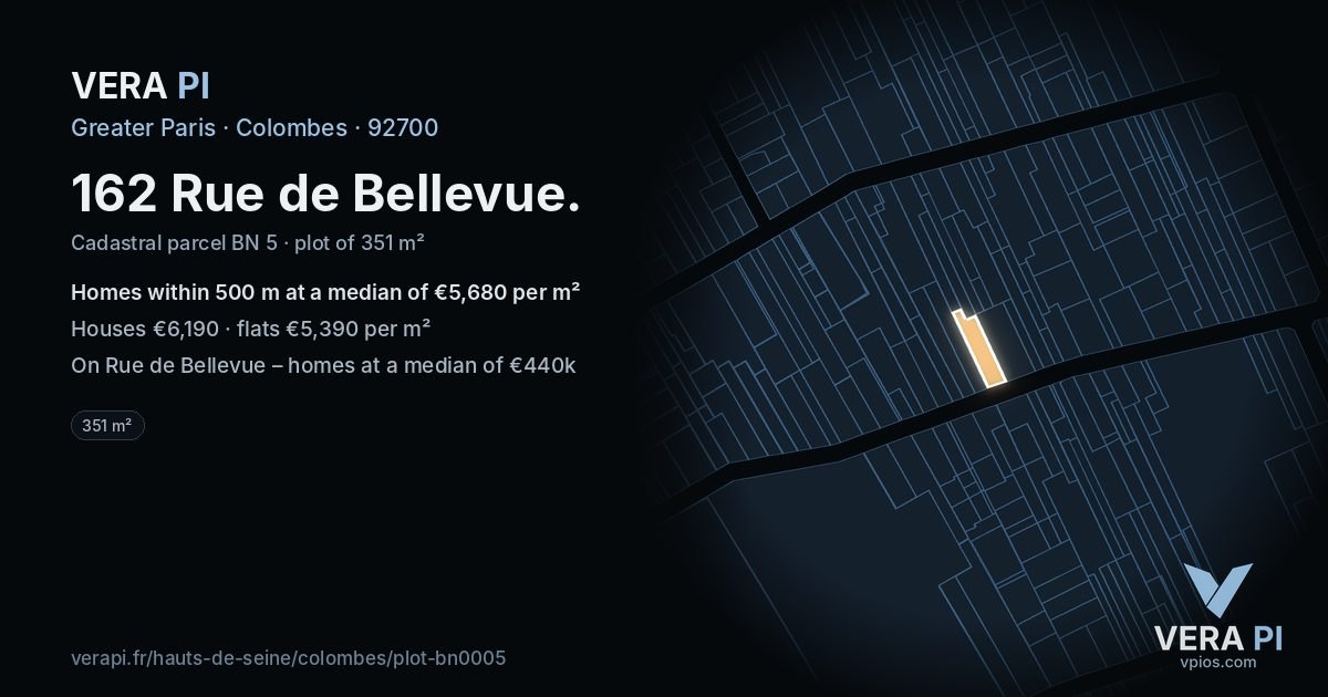 162 Rue de Bellevue, Colombes at night – the plot lit, the parcels around coloured by the prices near them