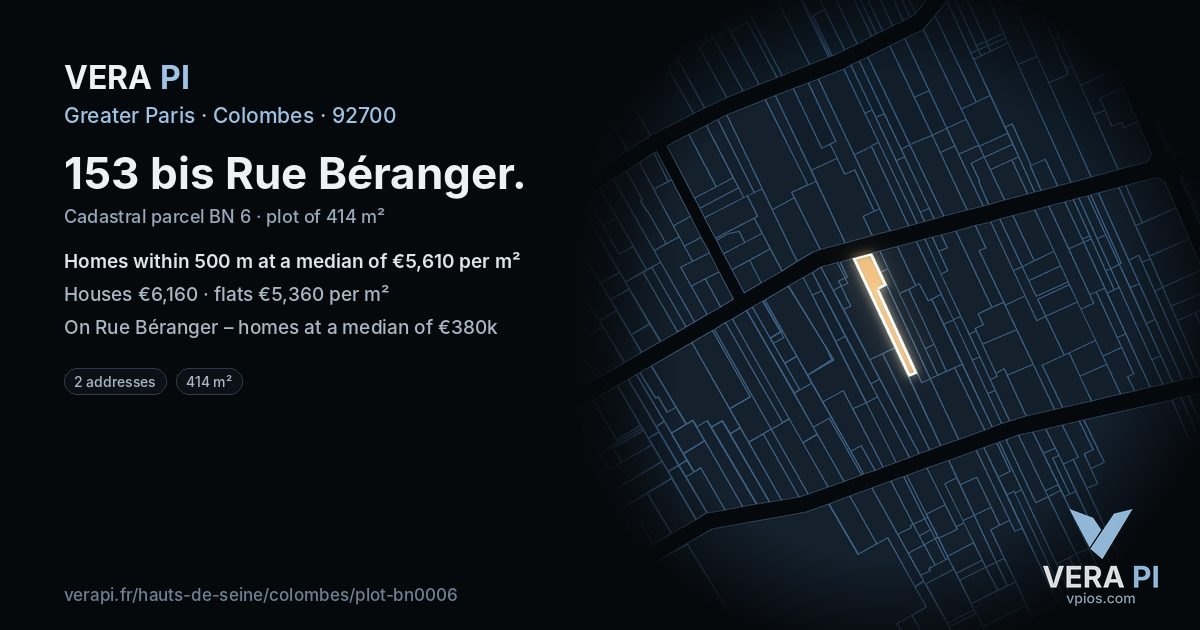 153 bis Rue Béranger, Colombes at night – the plot lit, the parcels around coloured by the prices near them