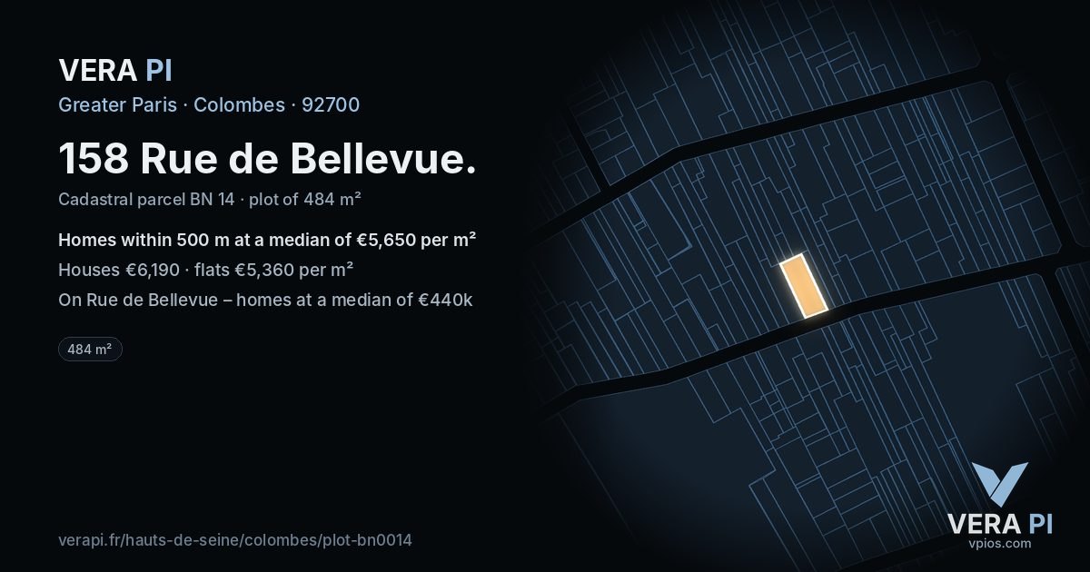 158 Rue de Bellevue, Colombes at night – the plot lit, the parcels around coloured by the prices near them