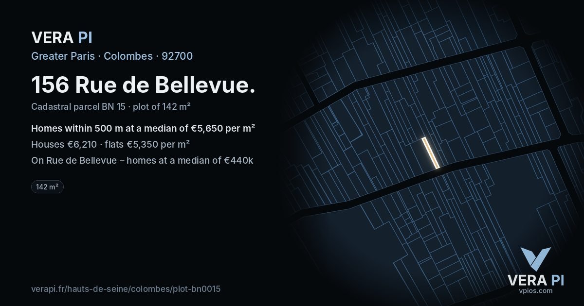 156 Rue de Bellevue, Colombes at night – the plot lit, the parcels around coloured by the prices near them