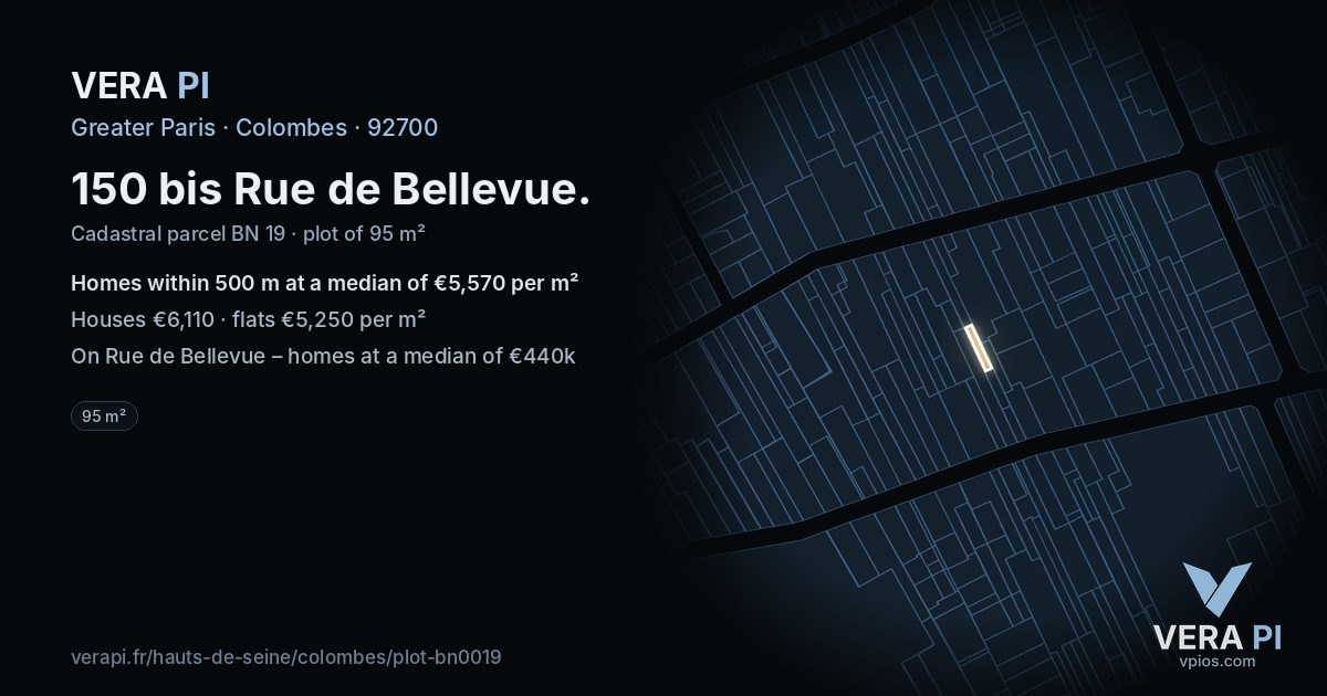 150 bis Rue de Bellevue, Colombes at night – the plot lit, the parcels around coloured by the prices near them