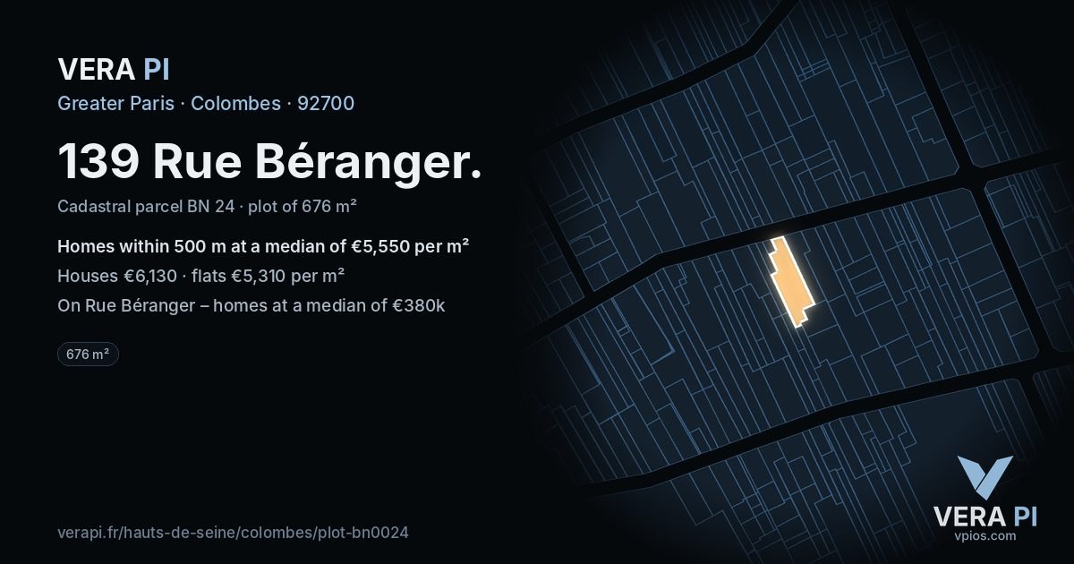 139 Rue Béranger, Colombes at night – the plot lit, the parcels around coloured by the prices near them
