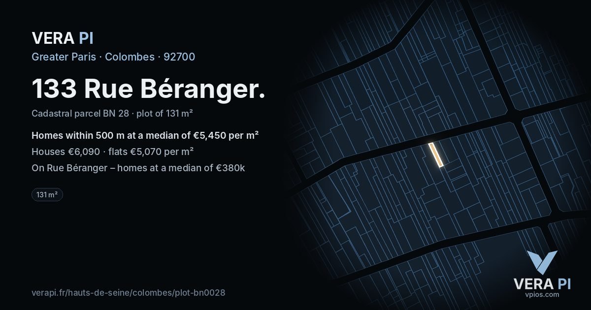133 Rue Béranger, Colombes at night – the plot lit, the parcels around coloured by the prices near them