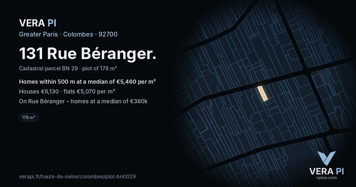 131 Rue Béranger, Colombes at night – the plot lit, the parcels around coloured by the prices near them