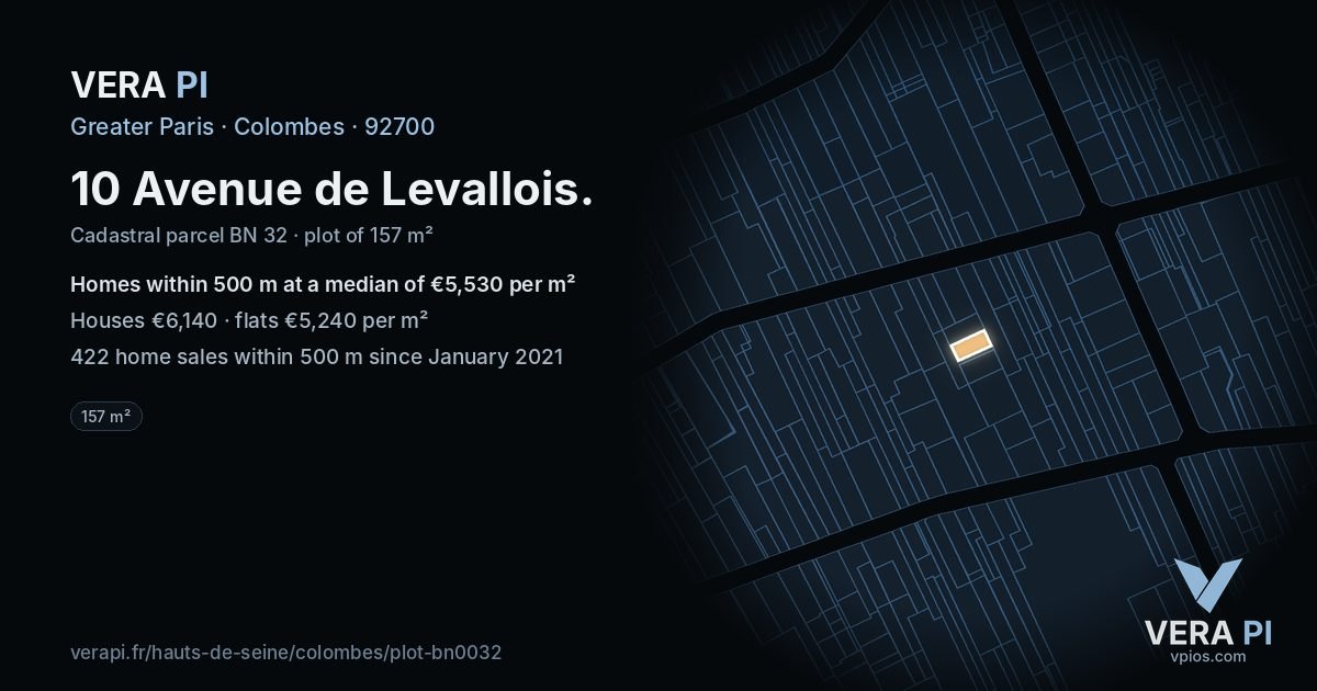 10 Avenue de Levallois, Colombes at night – the plot lit, the parcels around coloured by the prices near them