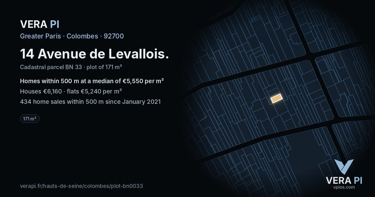 14 Avenue de Levallois, Colombes at night – the plot lit, the parcels around coloured by the prices near them
