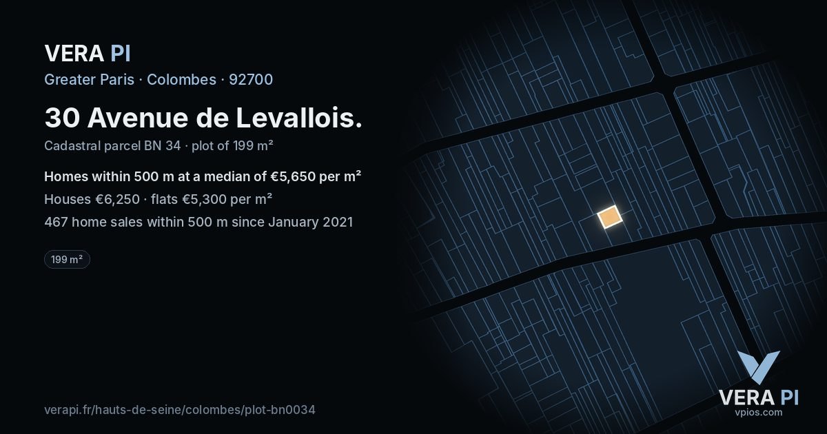 30 Avenue de Levallois, Colombes at night – the plot lit, the parcels around coloured by the prices near them