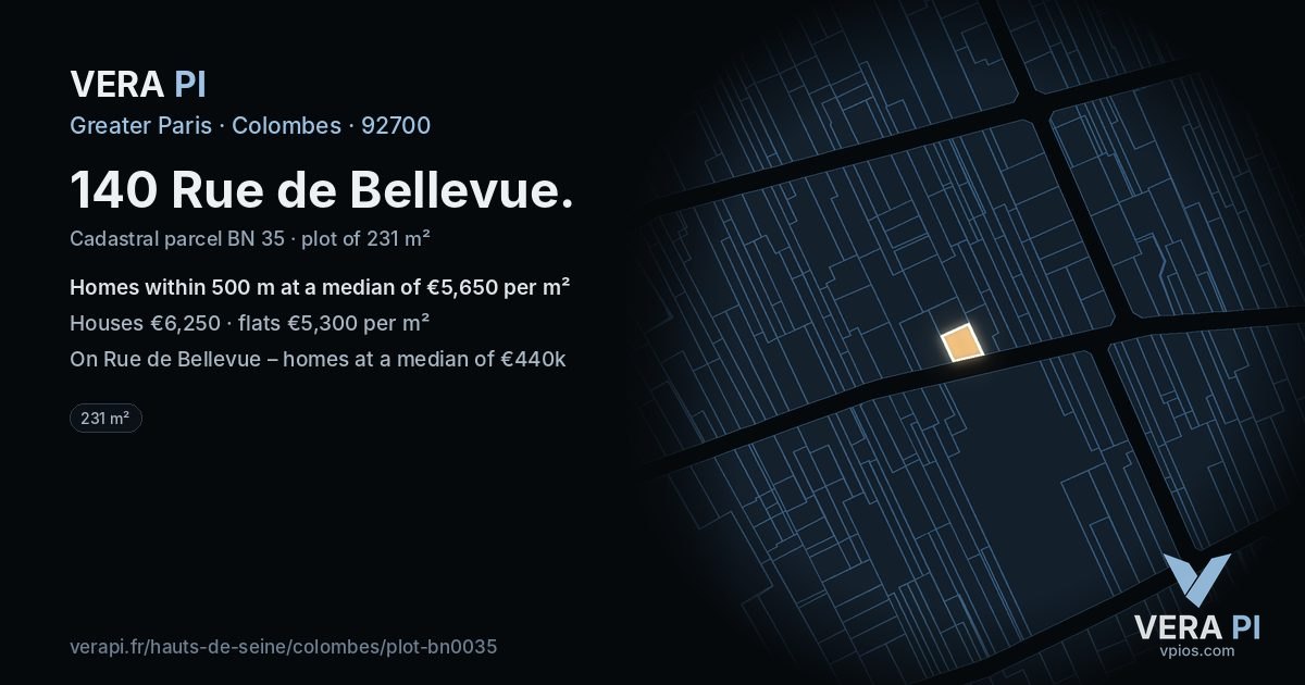 140 Rue de Bellevue, Colombes at night – the plot lit, the parcels around coloured by the prices near them