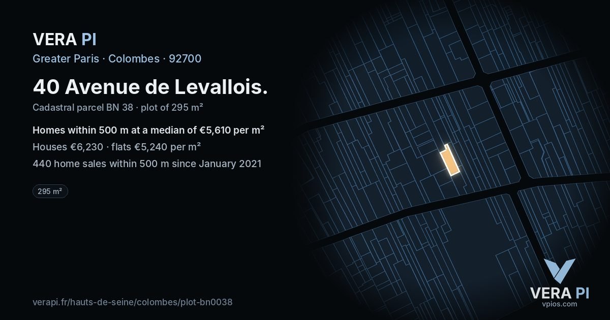 40 Avenue de Levallois, Colombes at night – the plot lit, the parcels around coloured by the prices near them