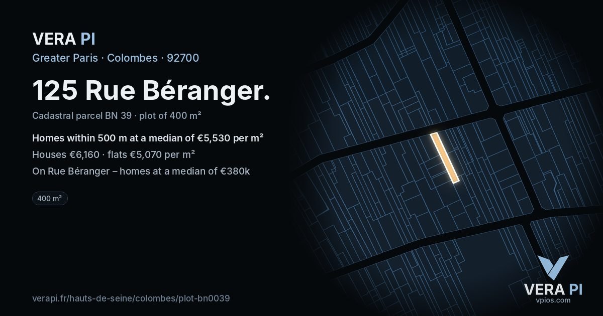 125 Rue Béranger, Colombes at night – the plot lit, the parcels around coloured by the prices near them