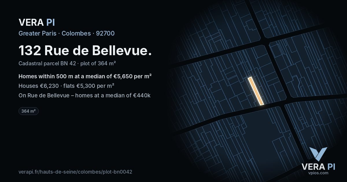 132 Rue de Bellevue, Colombes at night – the plot lit, the parcels around coloured by the prices near them
