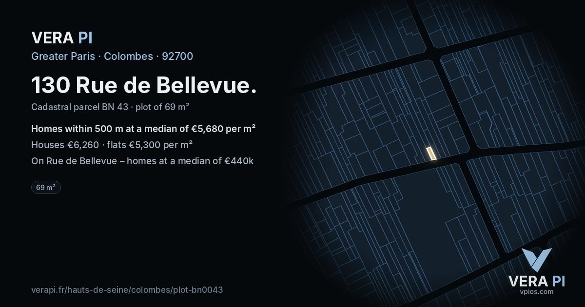 130 Rue de Bellevue, Colombes at night – the plot lit, the parcels around coloured by the prices near them