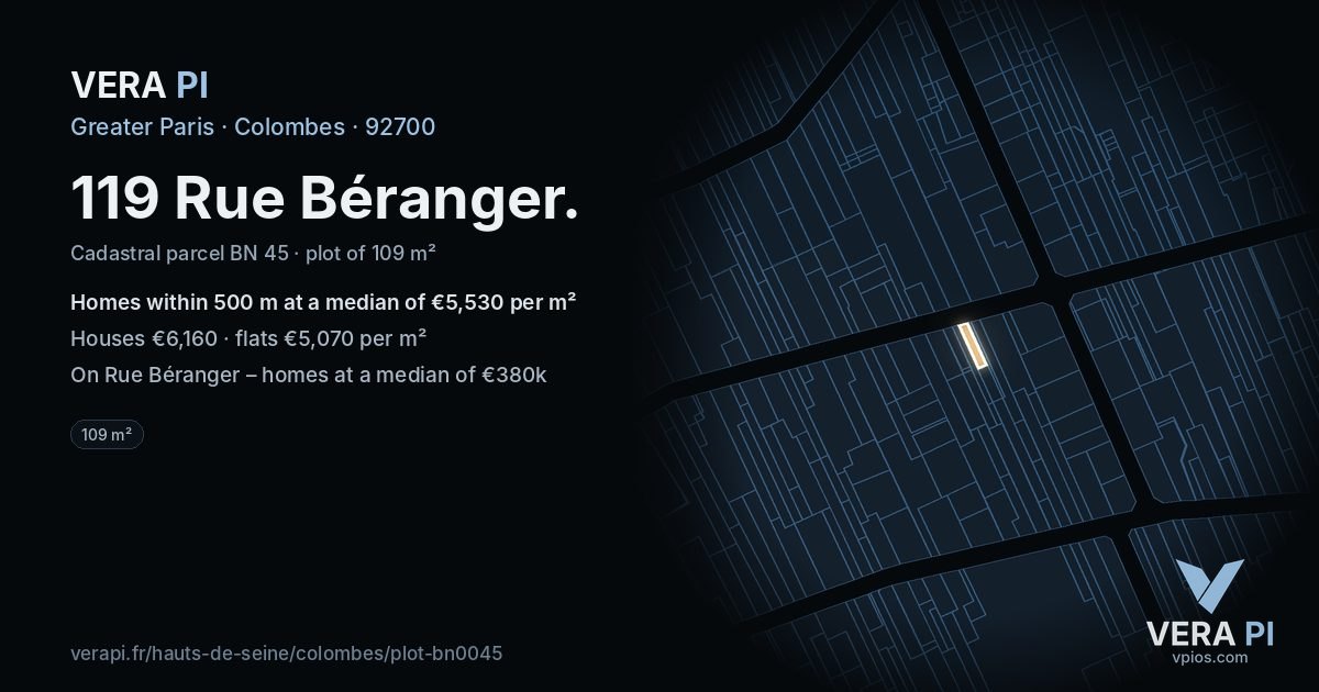 119 Rue Béranger, Colombes at night – the plot lit, the parcels around coloured by the prices near them