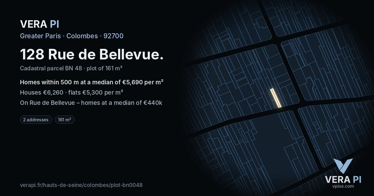 128 Rue de Bellevue, Colombes at night – the plot lit, the parcels around coloured by the prices near them