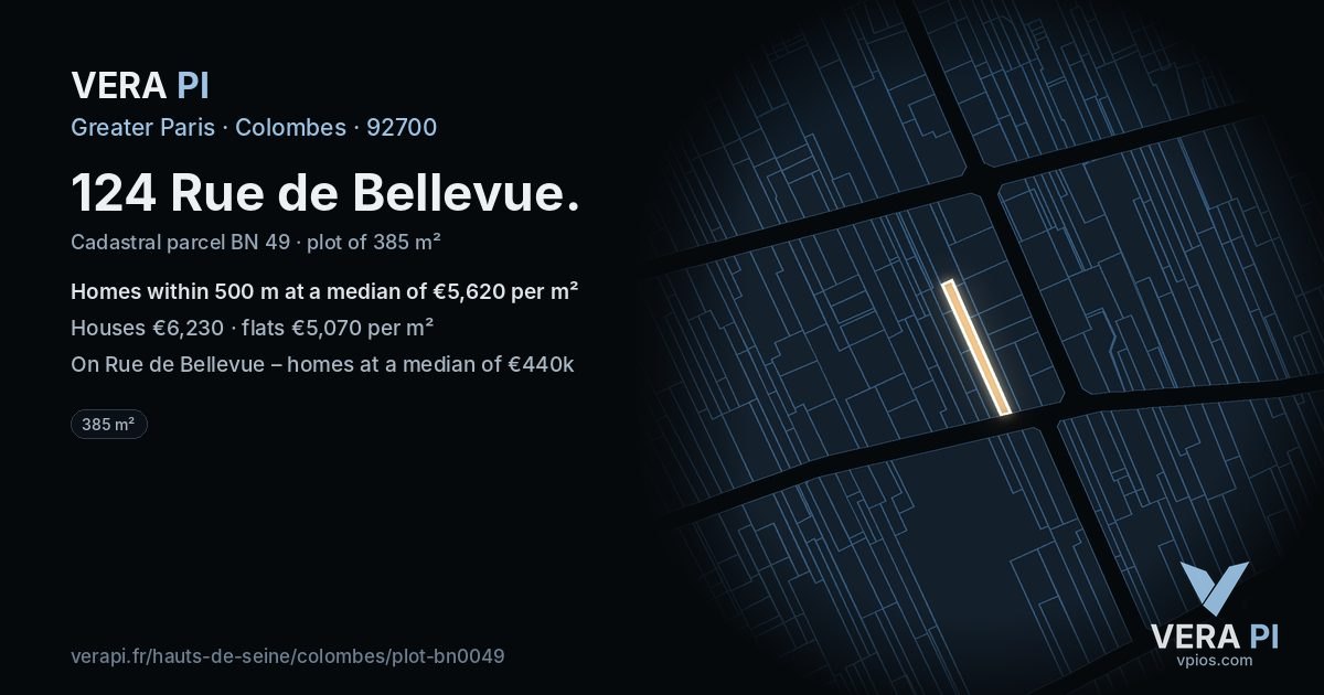 124 Rue de Bellevue, Colombes at night – the plot lit, the parcels around coloured by the prices near them