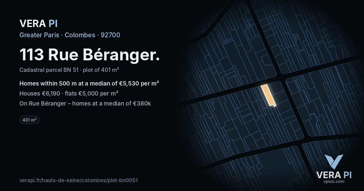 113 Rue Béranger, Colombes at night – the plot lit, the parcels around coloured by the prices near them