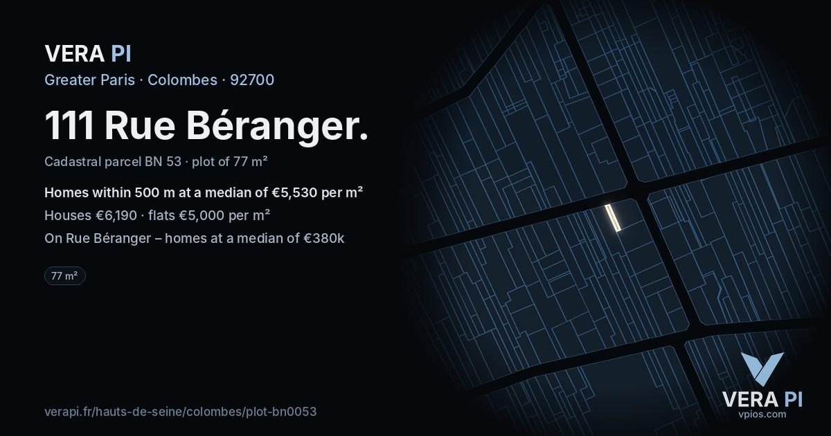111 Rue Béranger, Colombes at night – the plot lit, the parcels around coloured by the prices near them