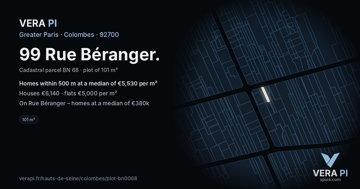 99 Rue Béranger, Colombes at night – the plot lit, the parcels around coloured by the prices near them