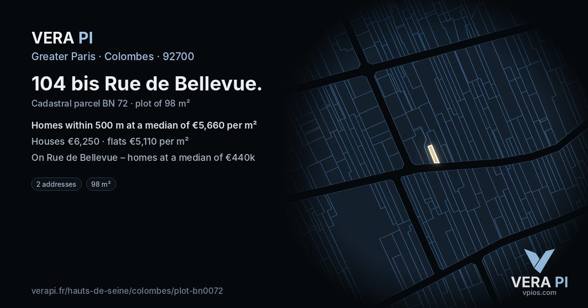 104 bis Rue de Bellevue, Colombes at night – the plot lit, the parcels around coloured by the prices near them