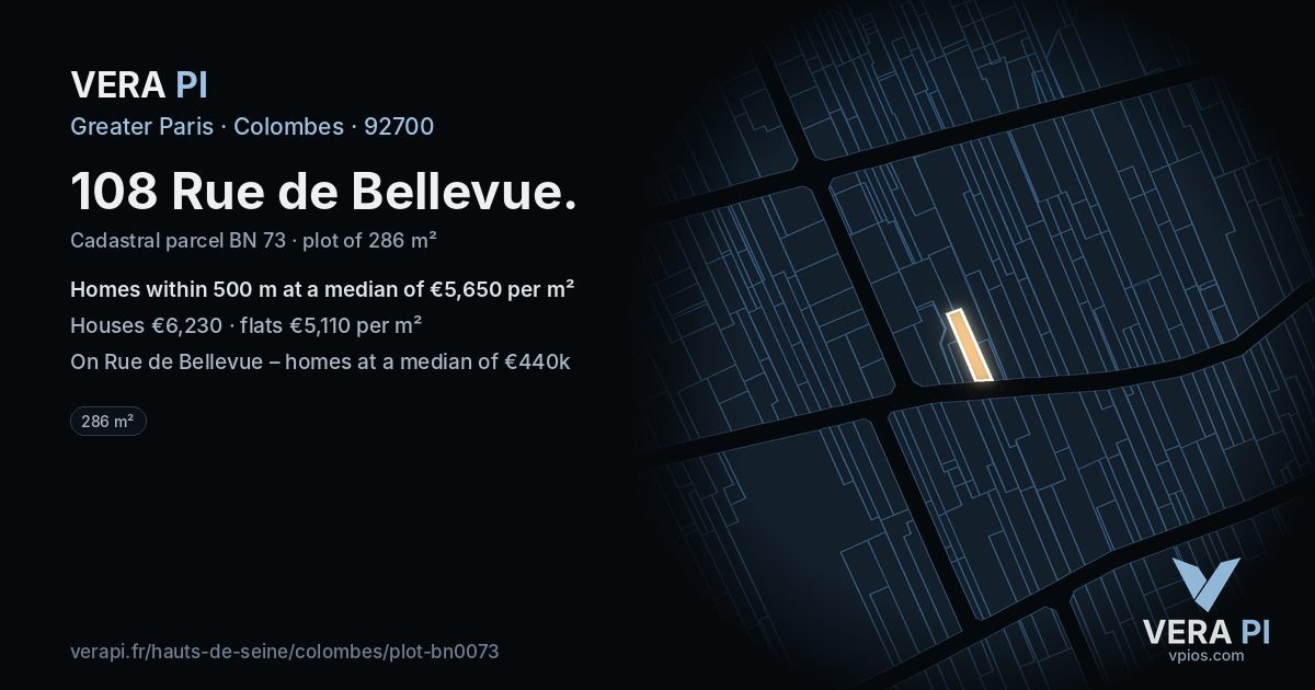 108 Rue de Bellevue, Colombes at night – the plot lit, the parcels around coloured by the prices near them