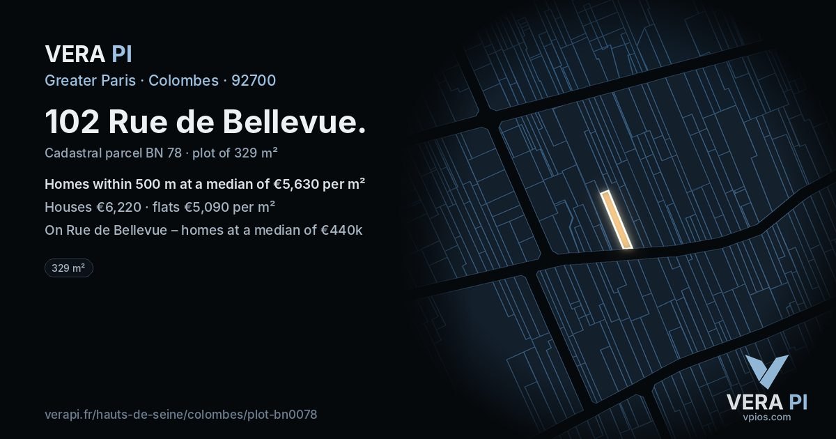 102 Rue de Bellevue, Colombes at night – the plot lit, the parcels around coloured by the prices near them