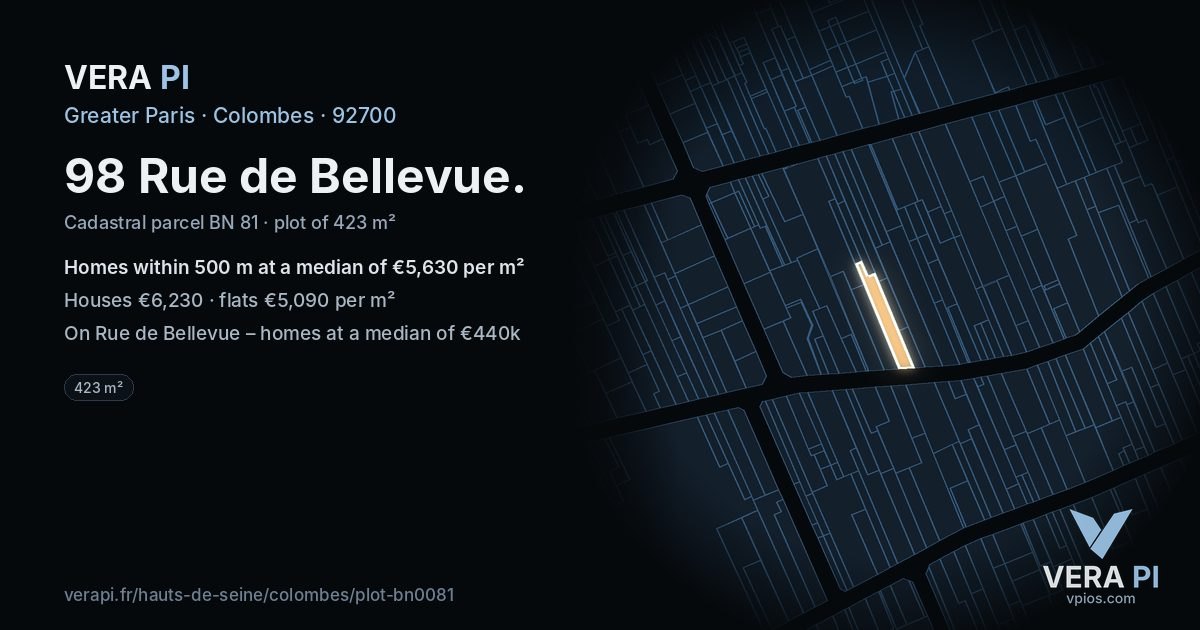 98 Rue de Bellevue, Colombes at night – the plot lit, the parcels around coloured by the prices near them