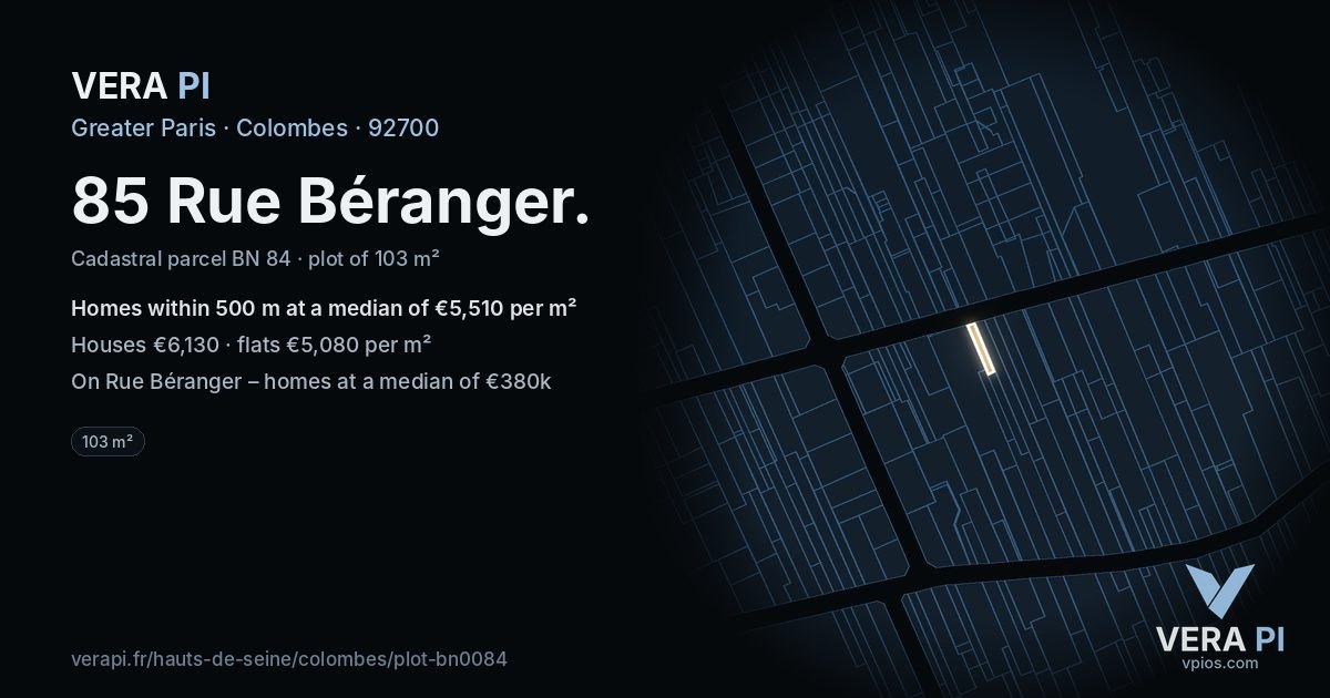 85 Rue Béranger, Colombes at night – the plot lit, the parcels around coloured by the prices near them