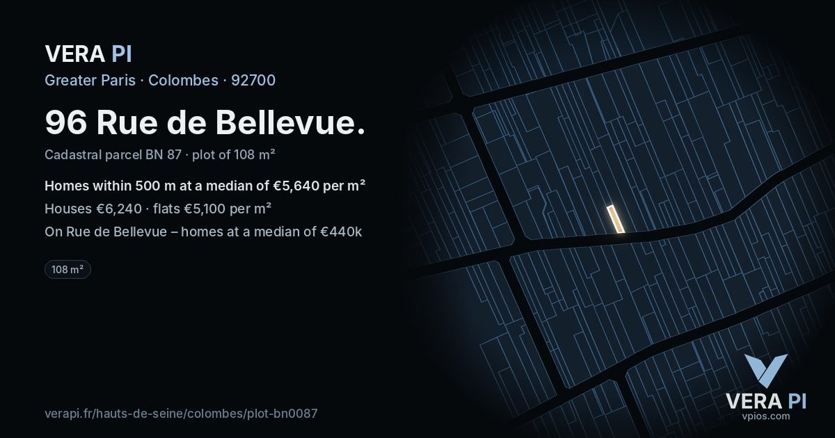 96 Rue de Bellevue, Colombes at night – the plot lit, the parcels around coloured by the prices near them