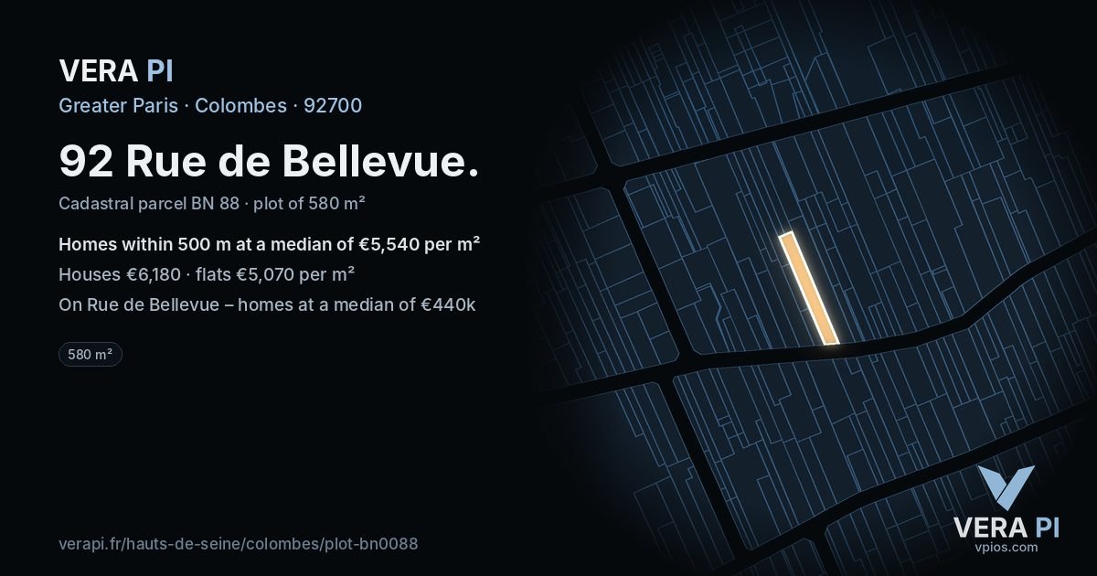 92 Rue de Bellevue, Colombes at night – the plot lit, the parcels around coloured by the prices near them