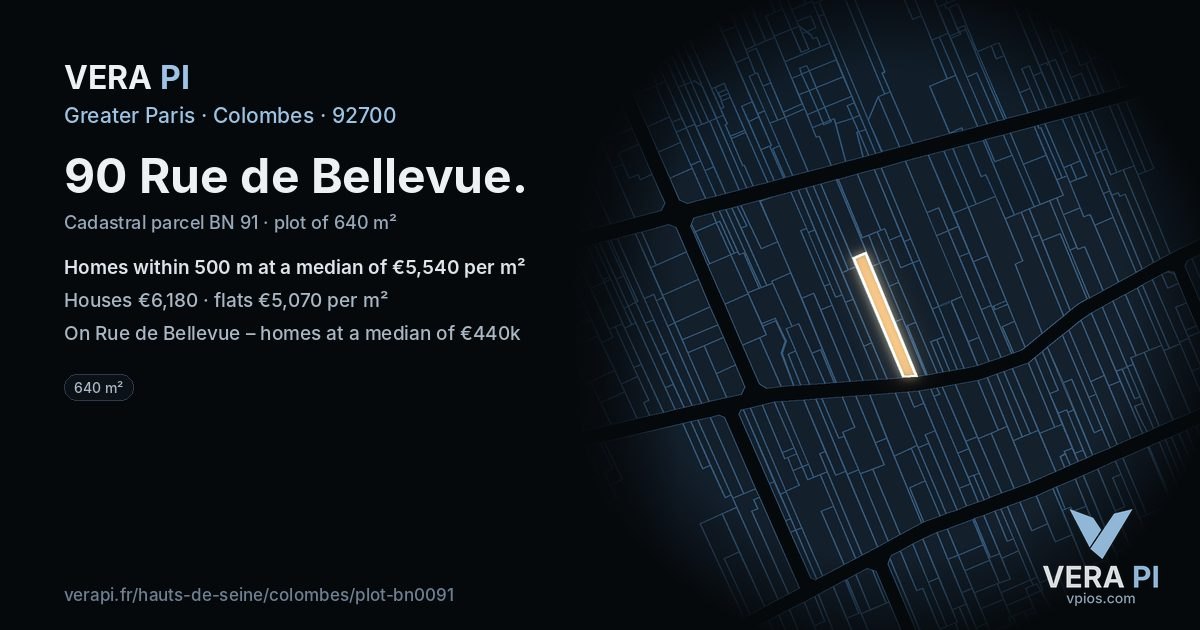 90 Rue de Bellevue, Colombes at night – the plot lit, the parcels around coloured by the prices near them