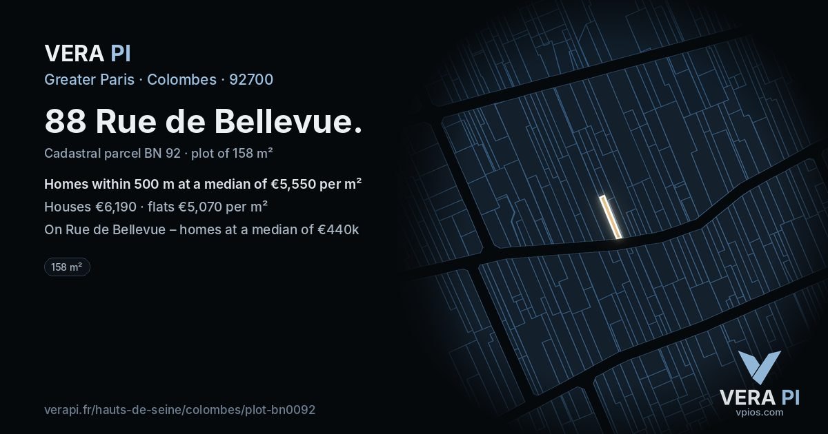 88 Rue de Bellevue, Colombes at night – the plot lit, the parcels around coloured by the prices near them