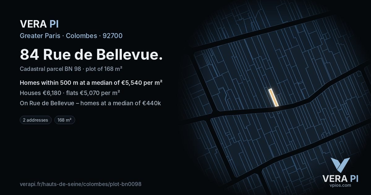 84 Rue de Bellevue, Colombes at night – the plot lit, the parcels around coloured by the prices near them