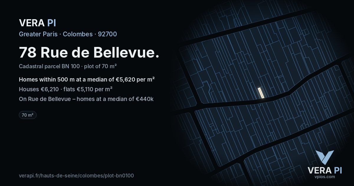 78 Rue de Bellevue, Colombes at night – the plot lit, the parcels around coloured by the prices near them