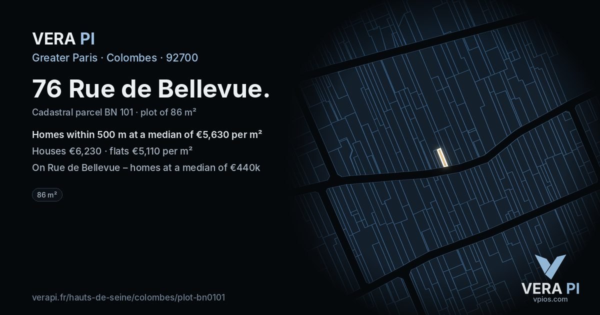 76 Rue de Bellevue, Colombes at night – the plot lit, the parcels around coloured by the prices near them