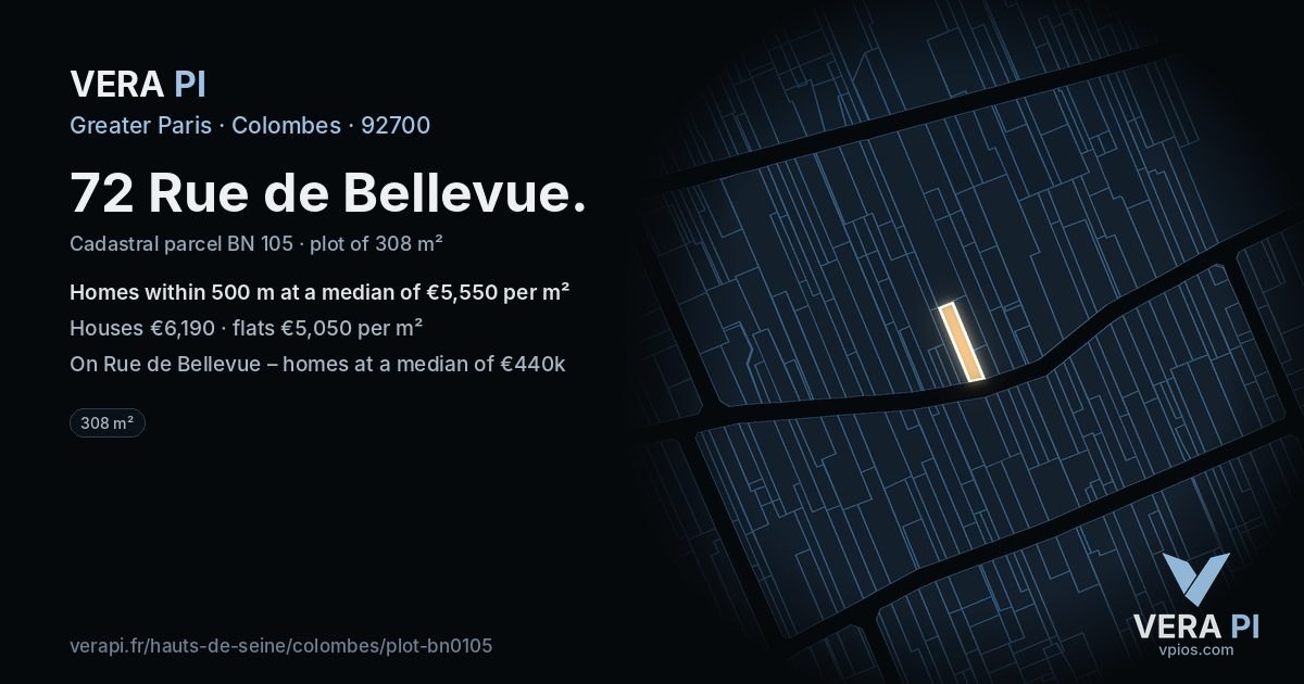 72 Rue de Bellevue, Colombes at night – the plot lit, the parcels around coloured by the prices near them