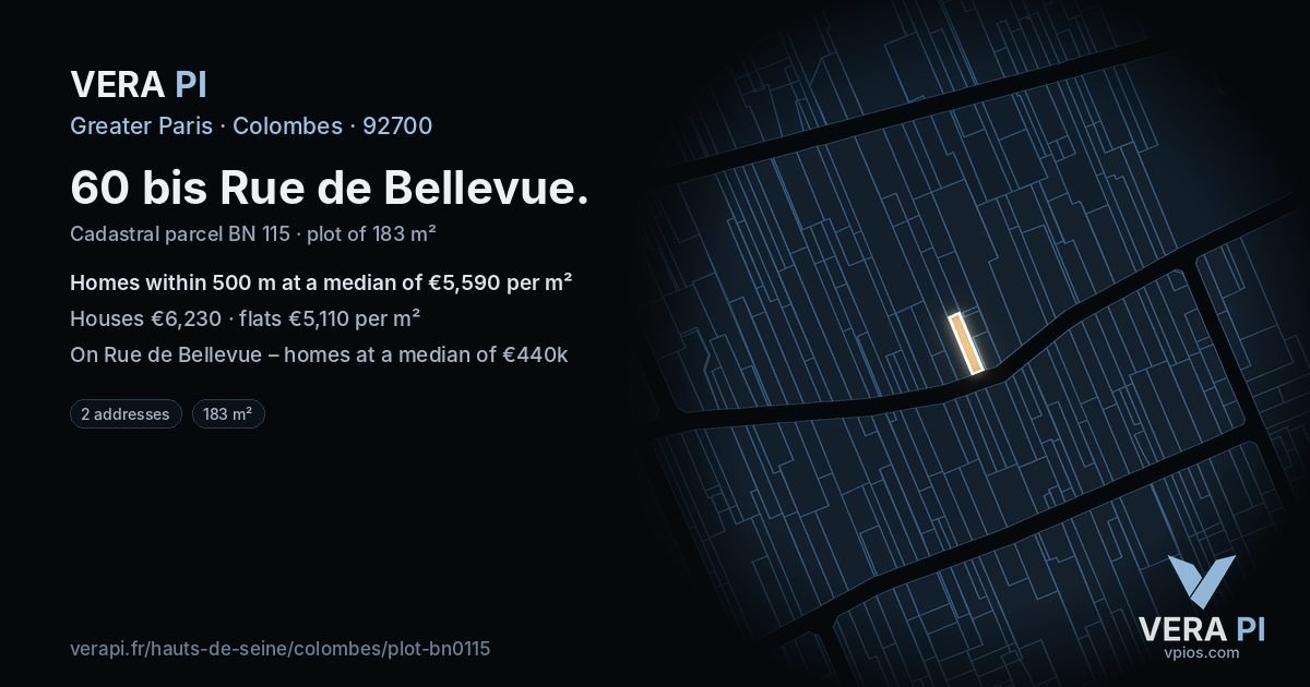 60 bis Rue de Bellevue, Colombes at night – the plot lit, the parcels around coloured by the prices near them