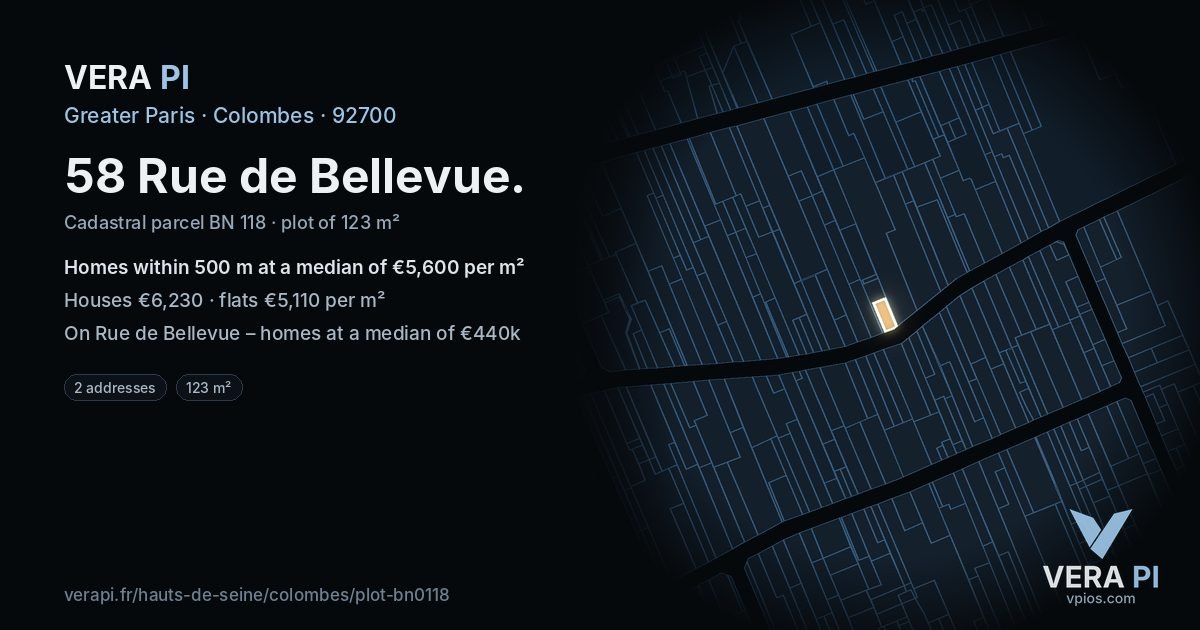 58 Rue de Bellevue, Colombes at night – the plot lit, the parcels around coloured by the prices near them