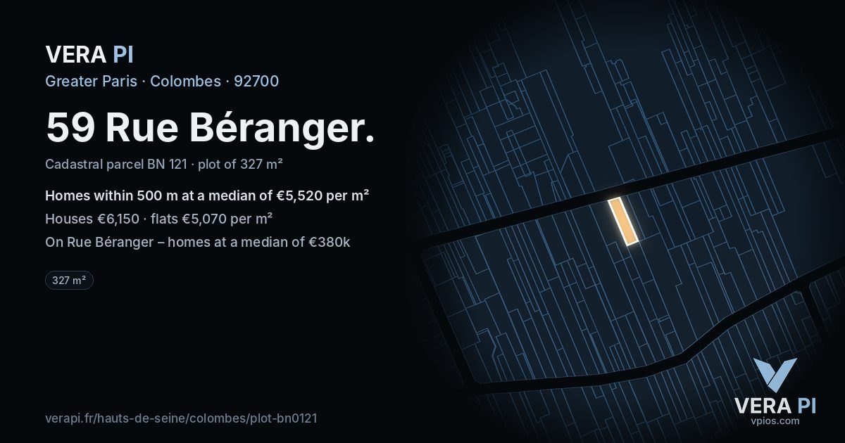 59 Rue Béranger, Colombes at night – the plot lit, the parcels around coloured by the prices near them