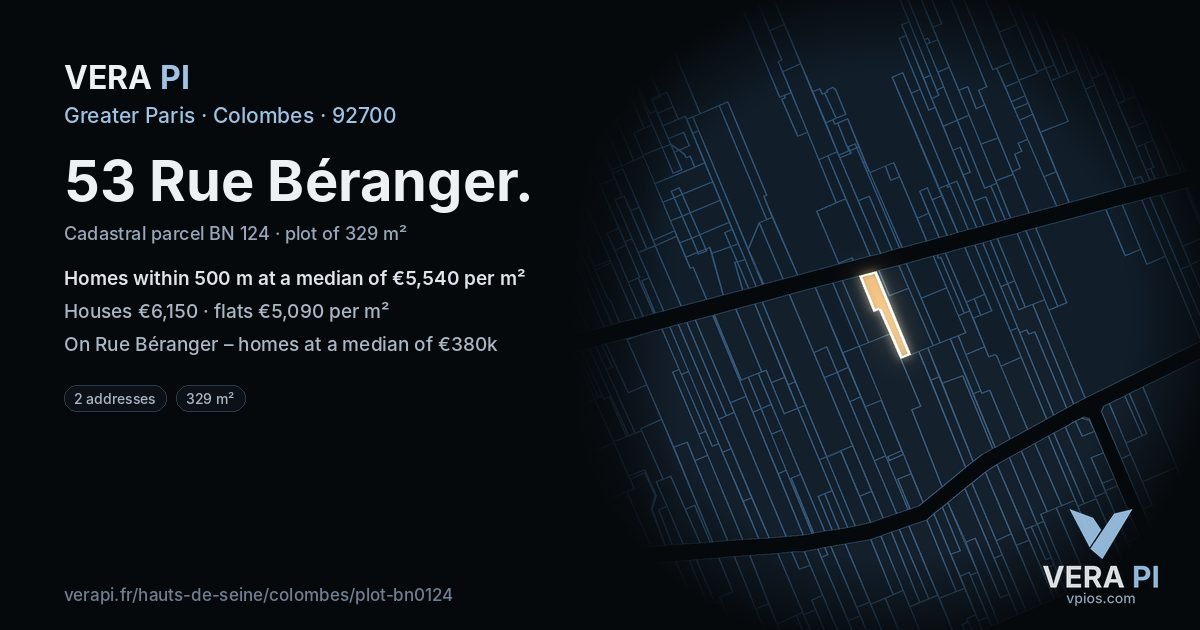 53 Rue Béranger, Colombes at night – the plot lit, the parcels around coloured by the prices near them