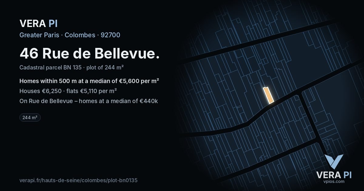 46 Rue de Bellevue, Colombes at night – the plot lit, the parcels around coloured by the prices near them