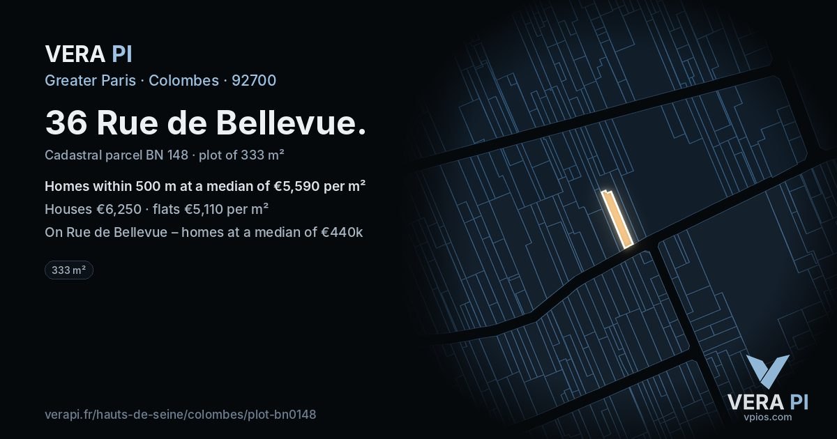 36 Rue de Bellevue, Colombes at night – the plot lit, the parcels around coloured by the prices near them