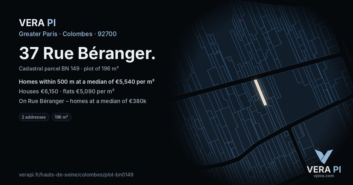 37 Rue Béranger, Colombes at night – the plot lit, the parcels around coloured by the prices near them