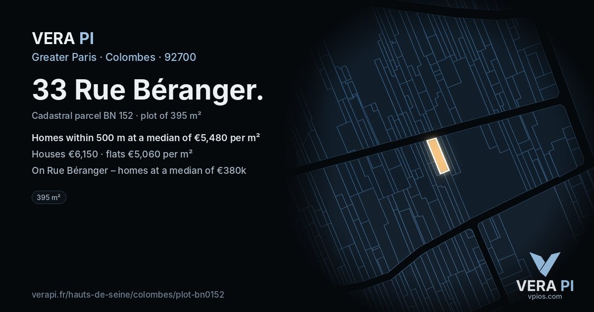 33 Rue Béranger, Colombes at night – the plot lit, the parcels around coloured by the prices near them