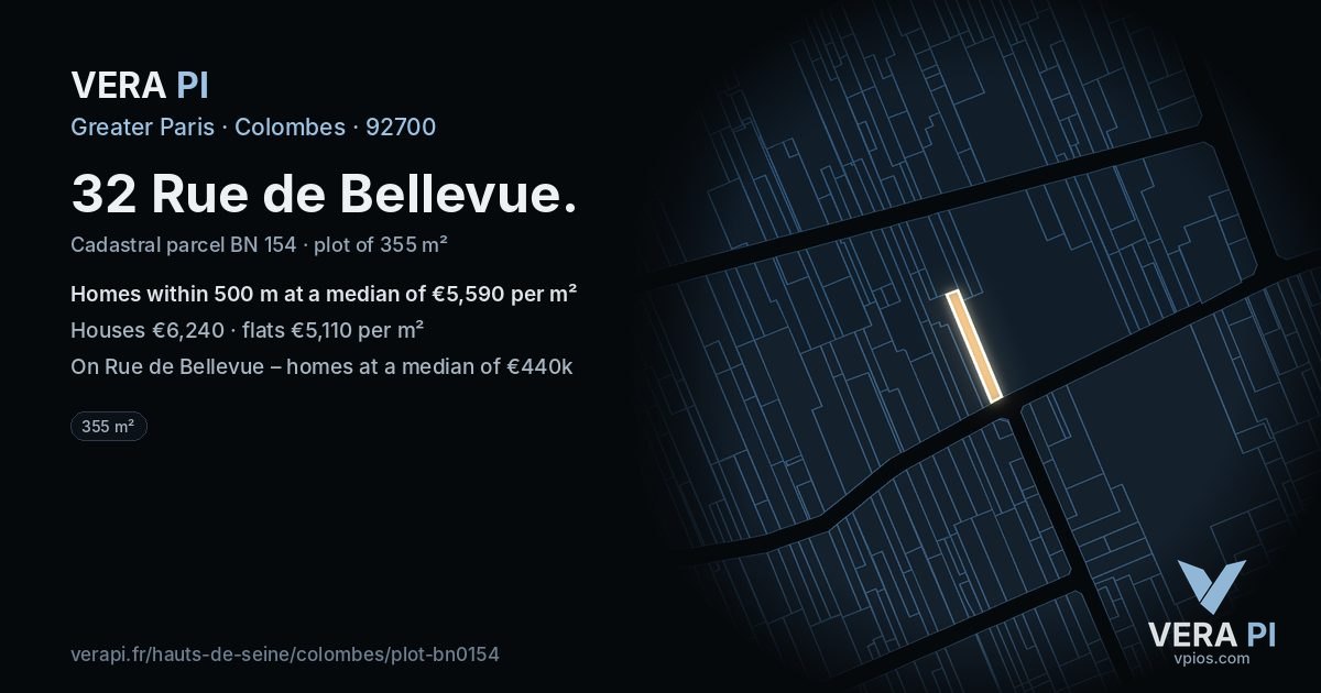 32 Rue de Bellevue, Colombes at night – the plot lit, the parcels around coloured by the prices near them