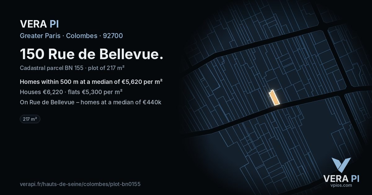 150 Rue de Bellevue, Colombes at night – the plot lit, the parcels around coloured by the prices near them