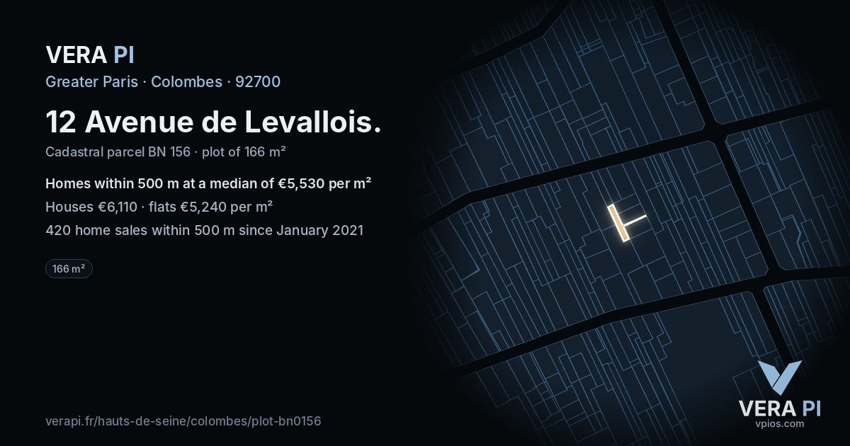 12 Avenue de Levallois, Colombes at night – the plot lit, the parcels around coloured by the prices near them