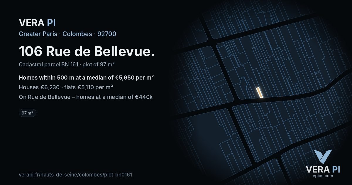 106 Rue de Bellevue, Colombes at night – the plot lit, the parcels around coloured by the prices near them