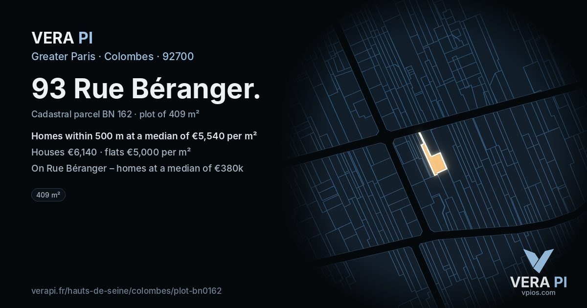 93 Rue Béranger, Colombes at night – the plot lit, the parcels around coloured by the prices near them