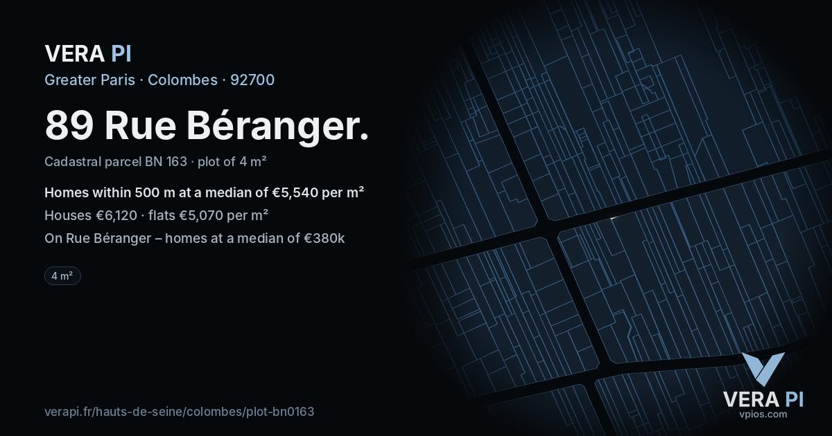 89 Rue Béranger, Colombes at night – the plot lit, the parcels around coloured by the prices near them